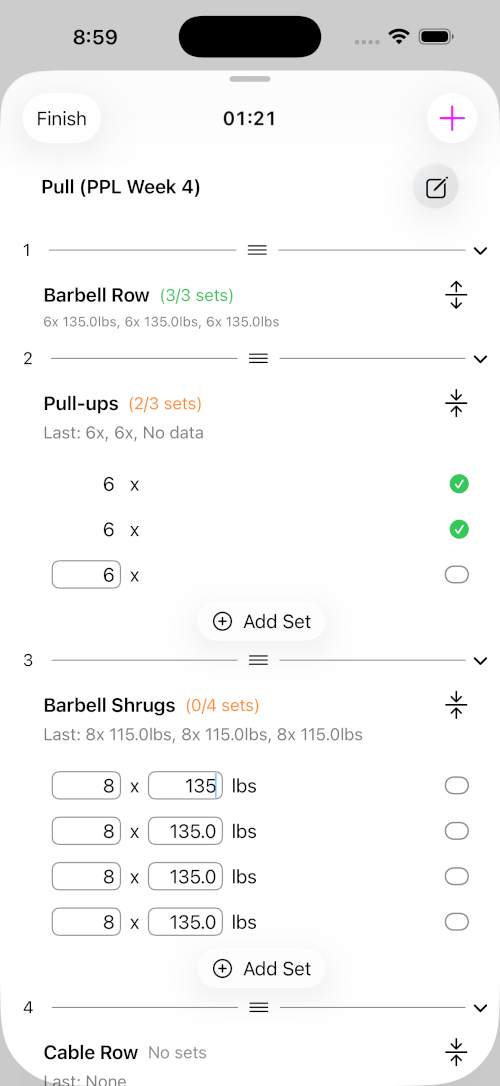 Reps app workout session view showing easy exercise and set tracking