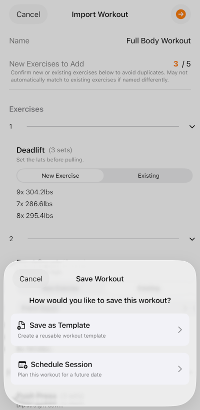 Reps app routine import screen showing easy workout program import